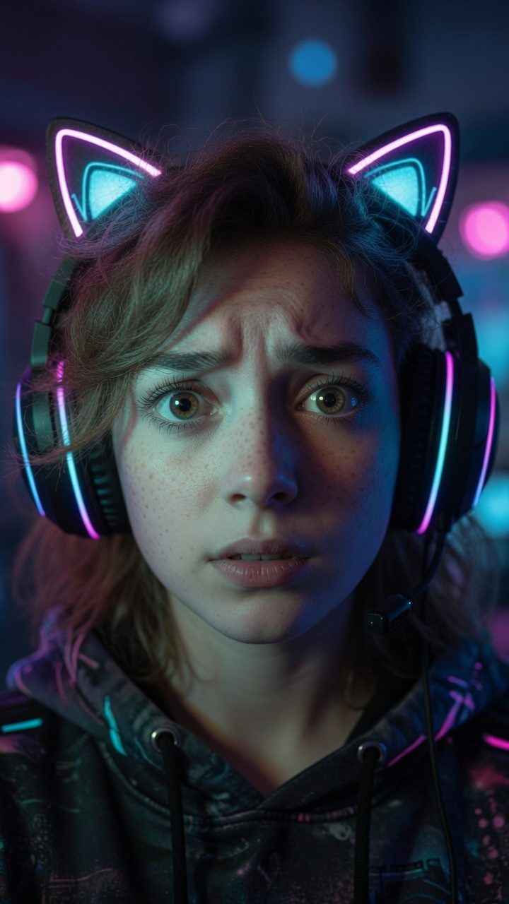 Gamer in neon cat-ear headset under cyan and magenta light