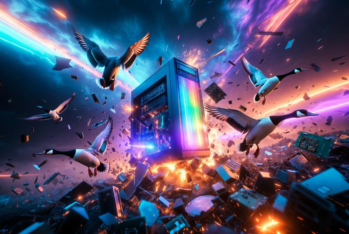 PC tower exploding amid circuit debris and flying geese